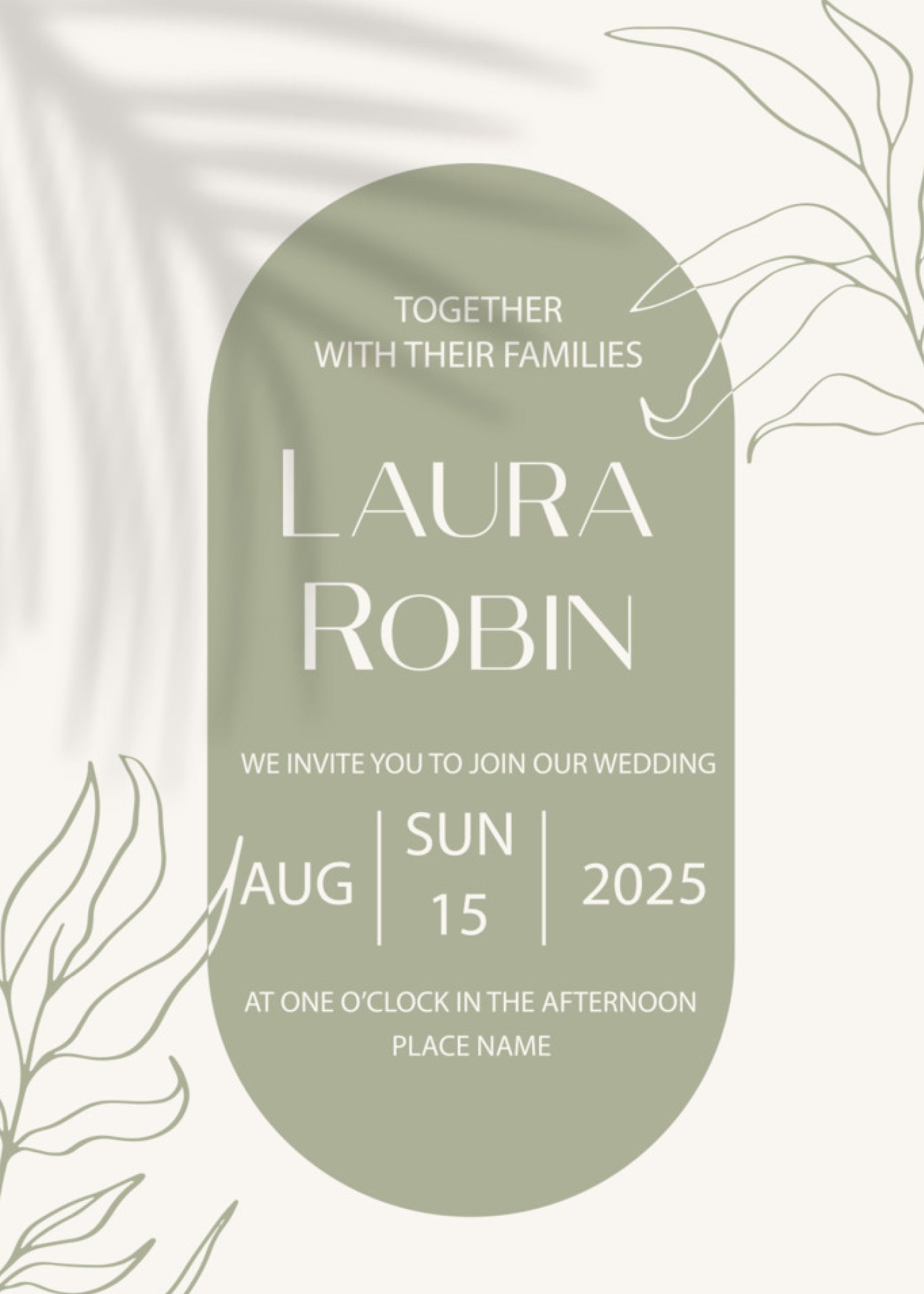Wedding invitation card design with a muted sage green oval centered on a warm off-white background, decorated with delicate botanical line drawings.