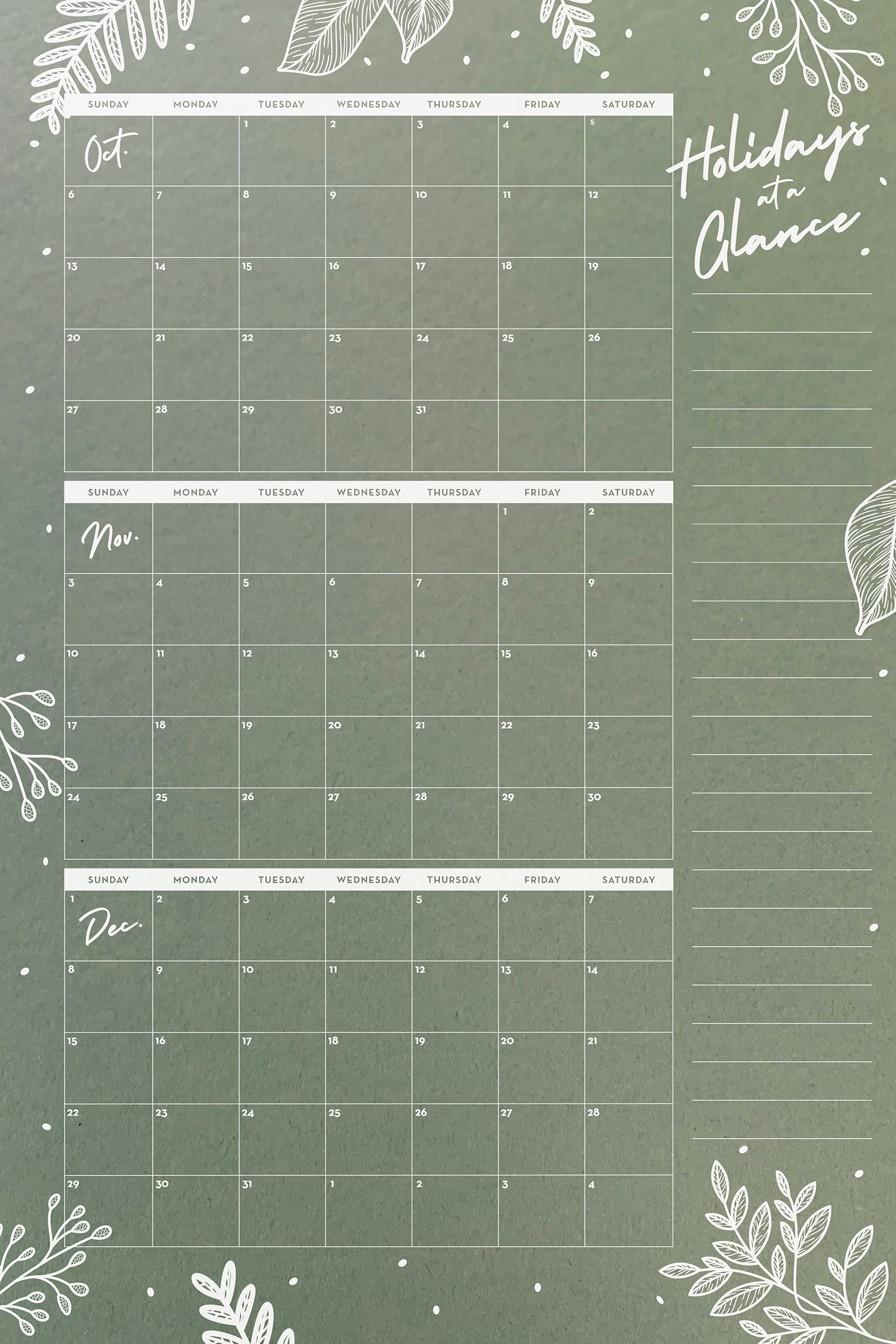 Holiday at a Glance Calendar with List